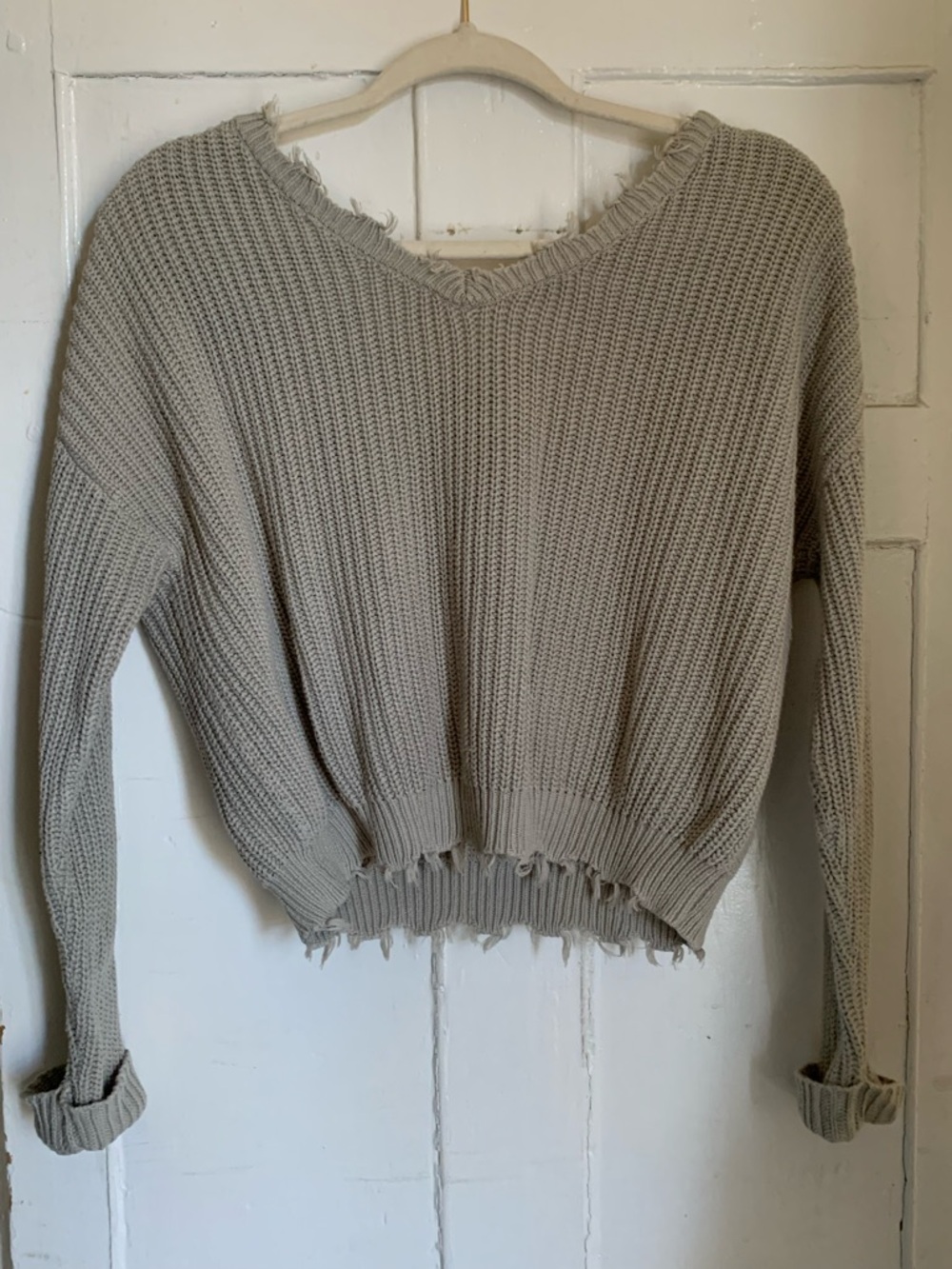 Jessica Simpson Frayed V-Neck Sweater in Light Beige